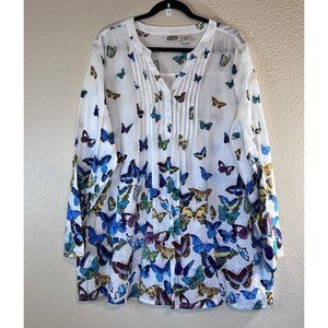 Collections Etc Plus XXL Blouse Tunic Top Gauzy Butterfly Print Button Front